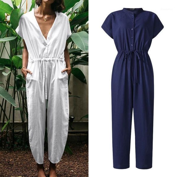 

women's jumpsuits & rompers women's summer 2022 stylish button overalls short sleeve drawstring female high waist pants plus size, Black;white