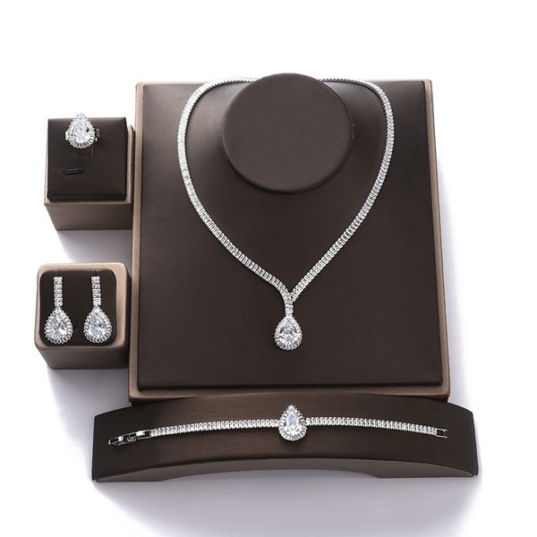 

jewelry set hadiyana gorgeous women wedding party jewelry necklace bracelet earring and ring set zircon bn7747 conjunto de joyas 201222, Slivery;crystal