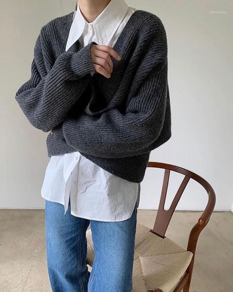 

fashion v-neck cross women's sweater jumpers streetwear loose knitwear autumn winter solid female knitted pullovers1, White;black