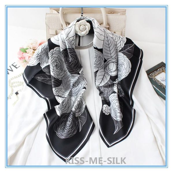 

scarves kms classic camellia silk satin square scarf mulberry-silk shawl for girl lady women 90*90cm/50g, Blue;gray