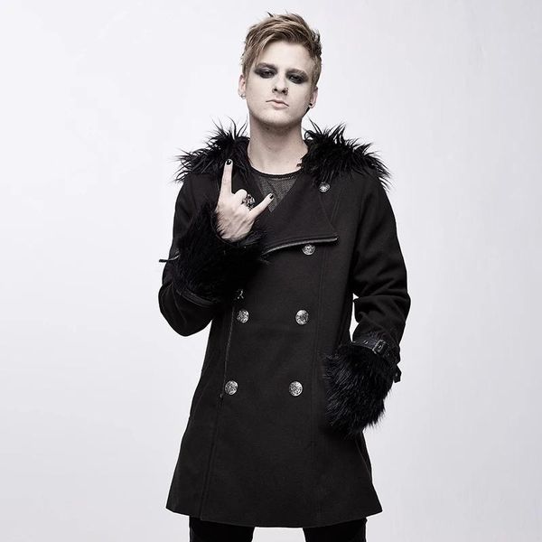 

men's wool & blends fashionable punk detachable fur shawl hooded jacket gorgeous two wear prom evening dress, Black