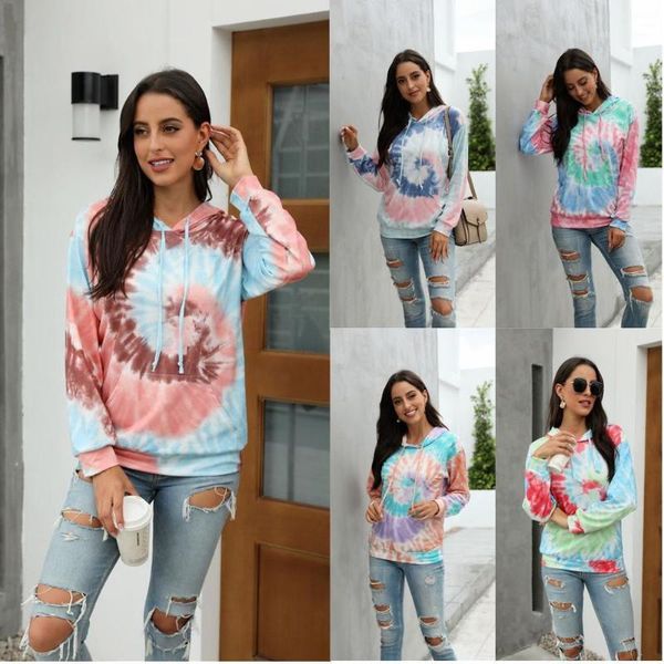 

women's blouses & shirts 2021 style european and american women's autumn winter positioning flower tie-dye hooded sweater1, White