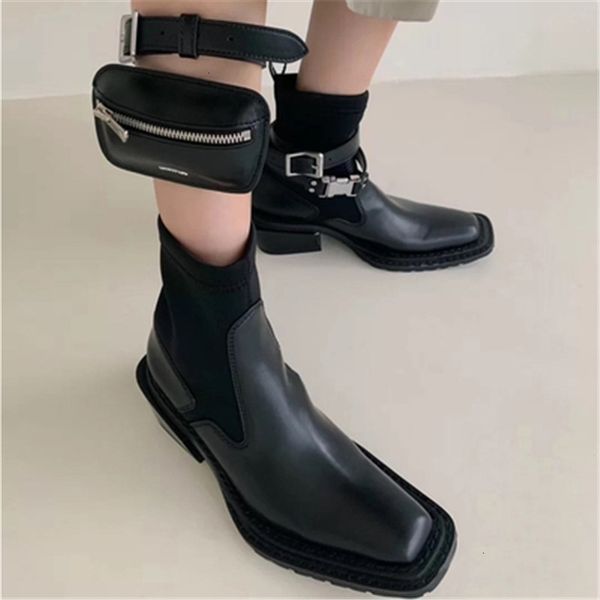 

discount luxury bootswomen's belt design, dark gothic booty, pentagonal cut color boots, fashion women's office shoes, autumn, Black