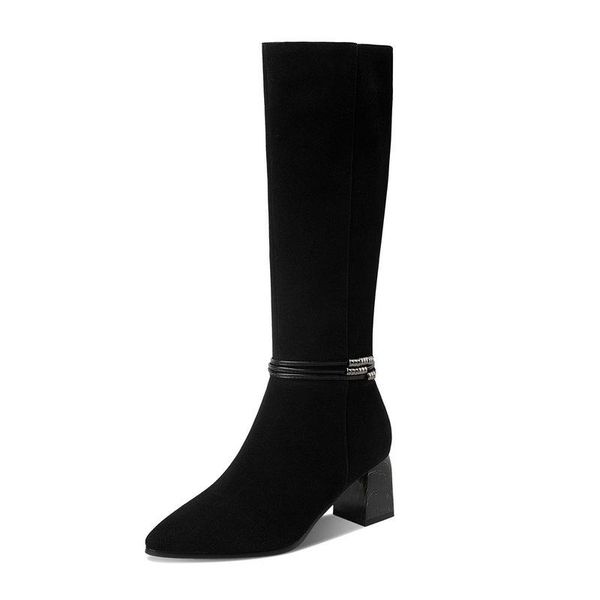 

suede leather women knee high boots high heels pointed toe shoes woman autumn winter wedding office lady tight boots, Black