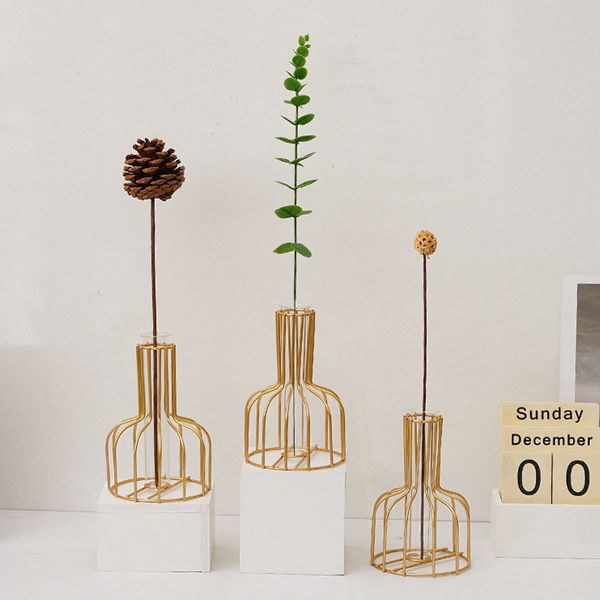 

nordic ins iron golden water culture vase decoration living room dining table table table decoration dry flower flower with green rose hydro