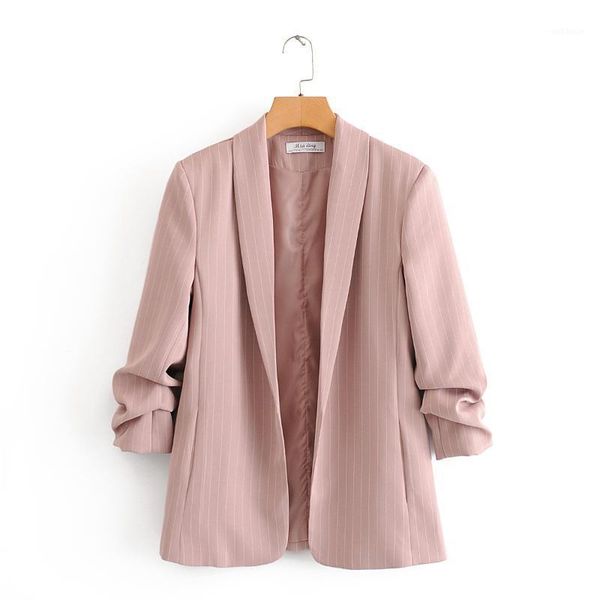 

women vintage cotton striped cuffs fold pleated blazer coat female elegant jacket ladies work wear blazer formal suits coats1, Black;brown