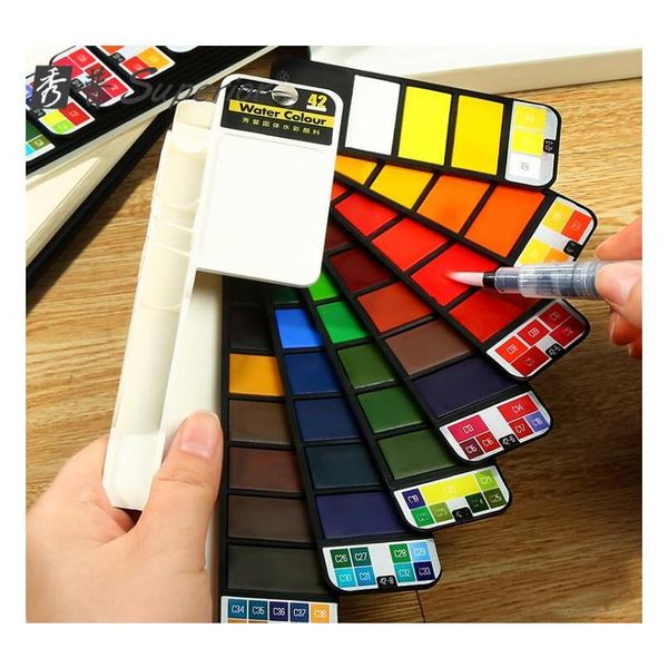 

superior solid watercolor paint set beginner fountain pen child fan-shaped watercolor paint student painting too wmtafd bdenet, Black;red
