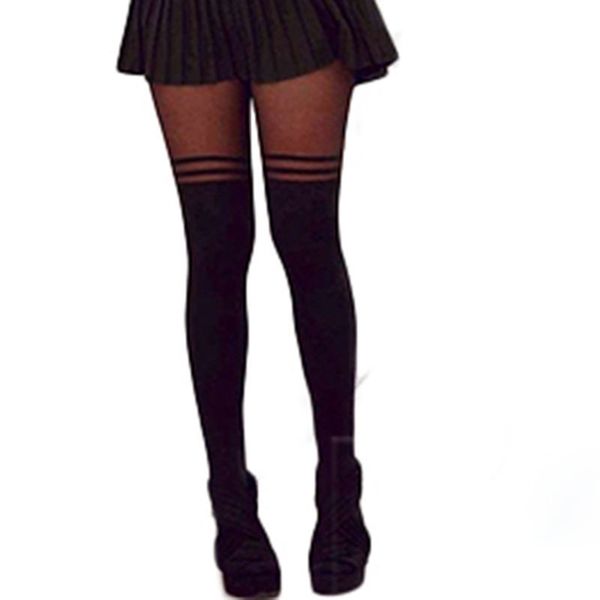 

brand new women girl temptation sheer mock suspender tights pantyhose striped stockings, Black;white