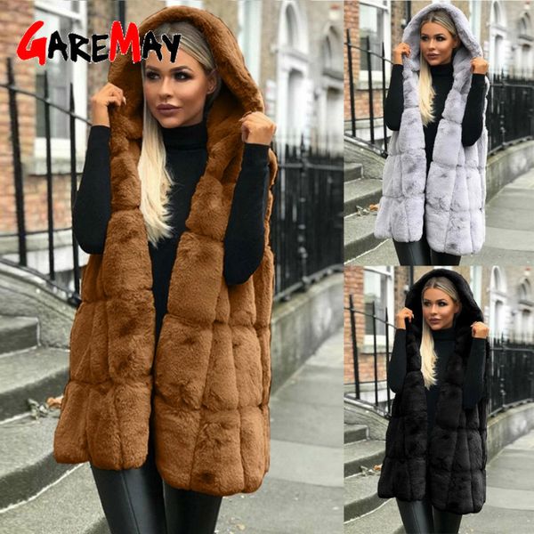 Gilet in pelliccia sintetica da donna Inverno senza maniche Cappotto lungo casual Donna Gilet soffice in peluche Cappotti con cappuccio Per donna Giacca in pelliccia S-2XL 201029