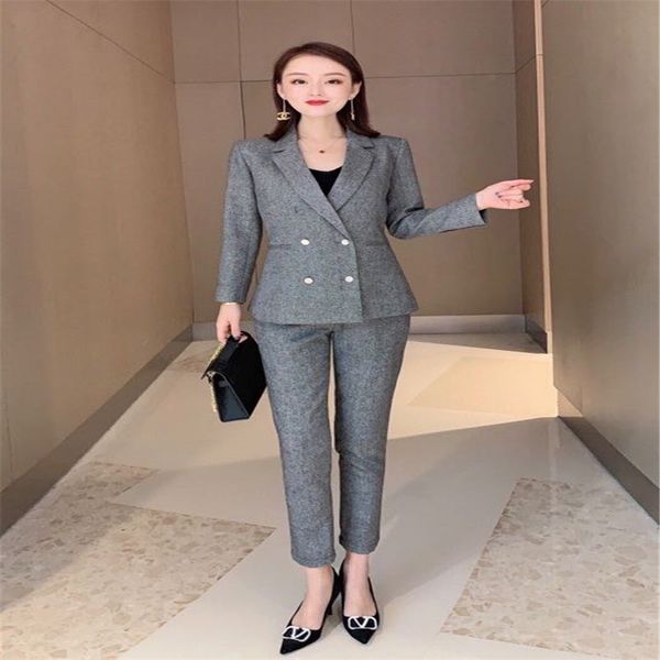 

2020 new autumn double-breasted woolen suit jacket woolen thin nine-point pants two-piece suit, White