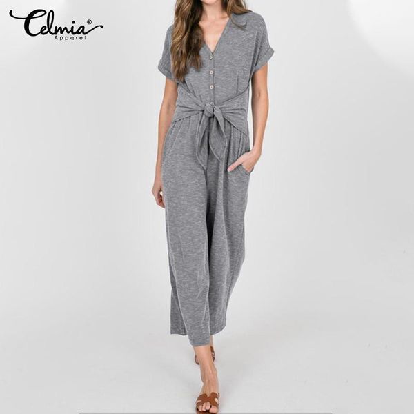 

women's jumpsuits & rompers celmia women long 2021 summer short sleeve sashes elegant pockets loose v-neck casual solid playsuits s-5xl, Black;white