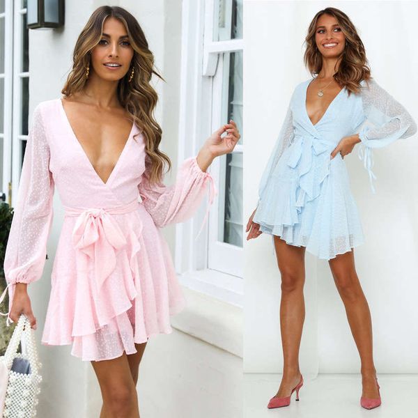 

v-neck lace up bubble long sleeve slim waistband bright silk dot dress, Black;gray