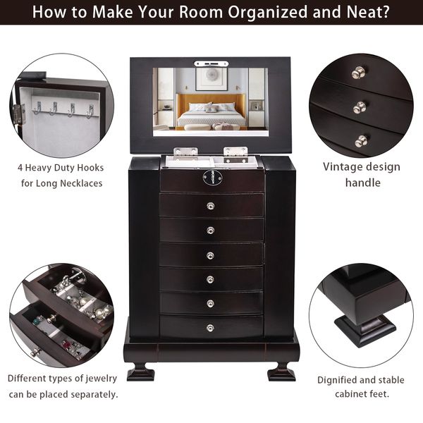 

jewelry box dressing table storage box jewelry display cabinet with double doors and 6 drawers 7 layers brown mdf material, Black;white