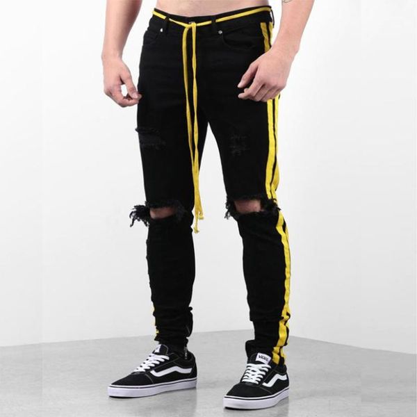 

us size men hip hop ripped side stripe skinny black jeans destroyed knee holes cotton streetwear casual ankle zipper denim pants1, Blue