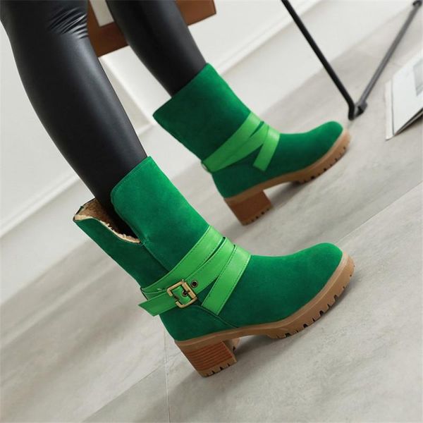 

boots pxelena 2021 winter snow women chunky block high heels warm ankle faux suede buckle strappy lady footwear 34-43, Black