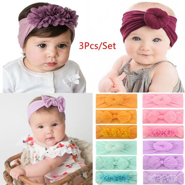 

baby girls knot ball donut headbands bow turban 3pcs/set infant elastic hairbands children knot headwear kids hair accessories pure color, Slivery;white