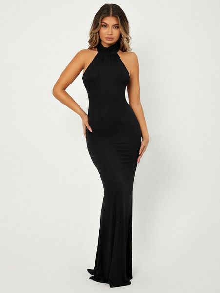 

sxy backless halter neck slit mermaid hem bodycon dress q66j#, Black;gray