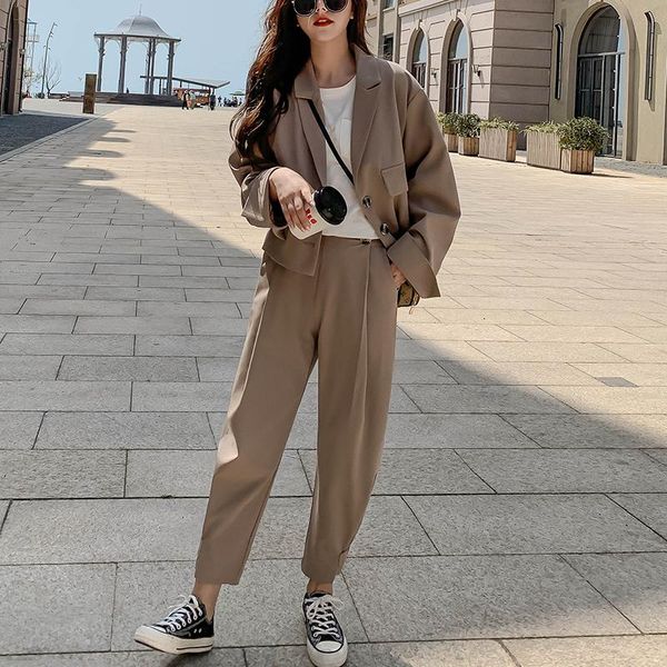 

women 2 piece set 2021 autumn casual blazers loose office ladies business suit female korean fashion blazer + suits pant, White