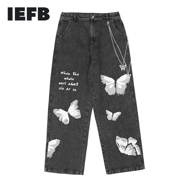 

iefb /men's wear tide butterfly graffiti printed metal chain decorative denim trousers wide leg straight pants male high street 201111, Blue