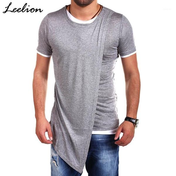 

leelion 2018 summer fake two t shirt men irregular hem short sleeve t-shirt fashion solid slim hip hop streetwear man's tshirt1, White;black
