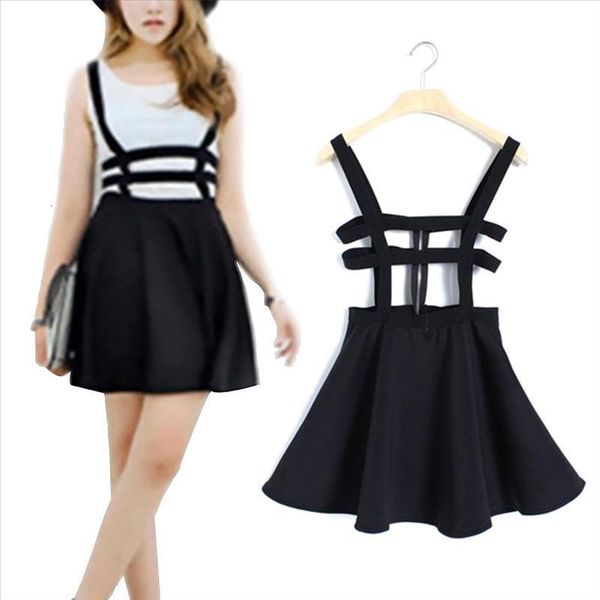 

2020 women hollow out back zipper suspender bandage skater braces a-line mini skirt, Black