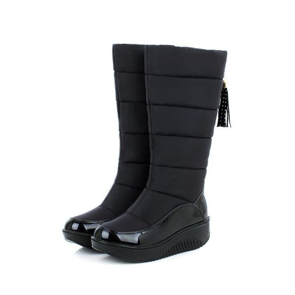 

snow boots for women shoes platform patent leather tassel footwear cotton mid calf winter boots size 35-44, Black