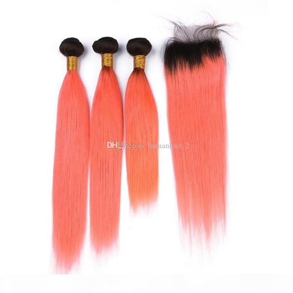 

orange human hair weaves straight hair bundles with lace closure ombre virgin malaysian hair extension and dark roots lace closure, Black;brown