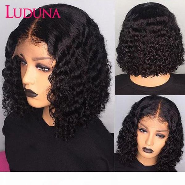 

luduna water lace front wigs for women curly lace frontal wig 4x4 closure bob wig brazilian curly remy human hair wigs, Black;brown