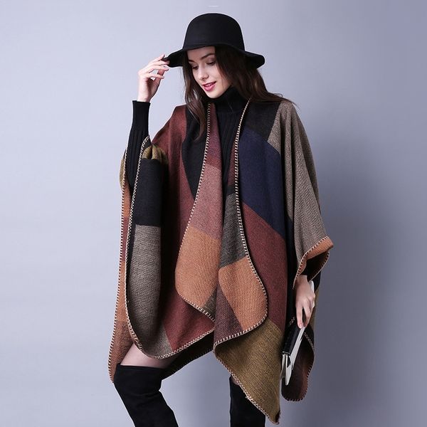 

new fashion autumn winter women's fashion geometrical tassel button shawl warm thick large size girls fame style loose poncho y201024, Blue;gray