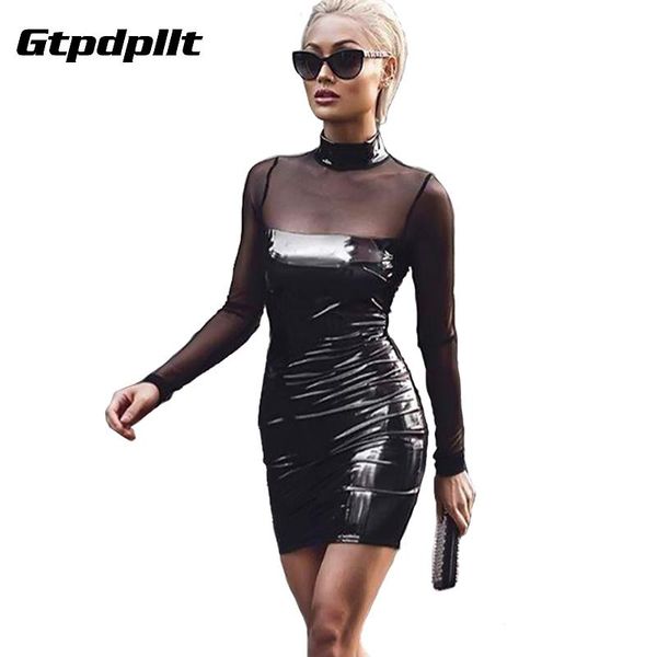 

casual dresses gtpdpllt autumn long sleeve mesh party pu patchwork slim bodycon hollow out bandage club dress vestidos femme, Black;gray
