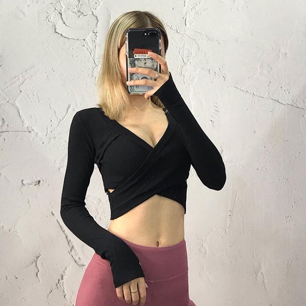 

athletic sport shirts umbilicus exposure long sleeve fitness t-shirt yoga crop thumb gym workout sweatshirts casual, Black;red