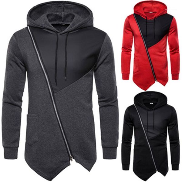 

hoodies mens splicing colors skinny hoodies fashion trend long sleeve diagonal zipper drawstring hooded sweatshirts male spring casual slim, Black