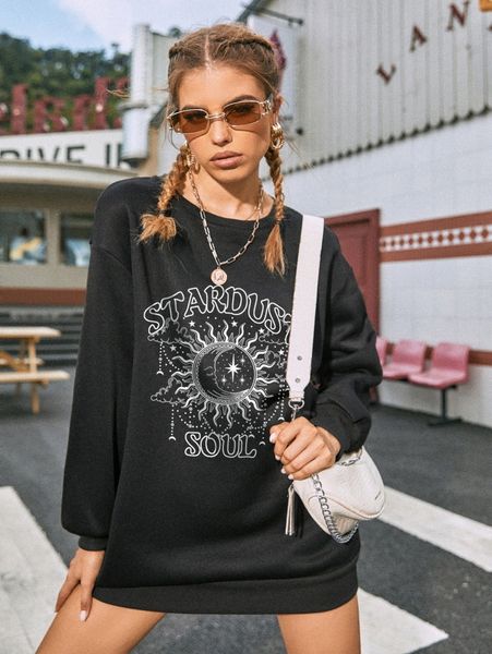 

moon and letter graphic drop shoulder longline hoodie x6oy#, White;black