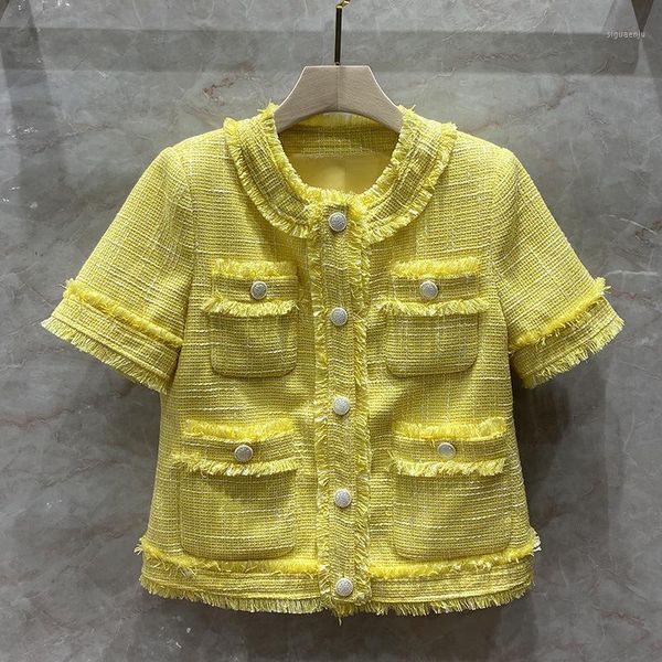 

2020 summer autumn women's high-end quality tassels o-neck short sleeves tweed jackets short coat c0311, Black;brown