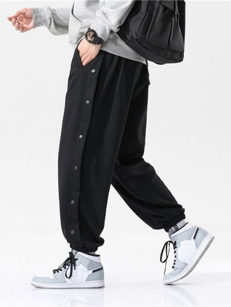 

men drawstring waist button side sweatpants 17nm#, Black