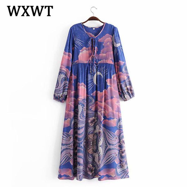 

wxwt new women cotton positioning water print fringed dress spring o neck lace up hollow out vintage long dress lp8572, Black;gray