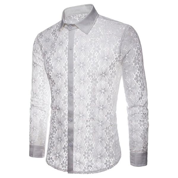 

men long sleeve solid color lace see through clubwear down shirt cotton spandex style men shirt s-2xl, White;black