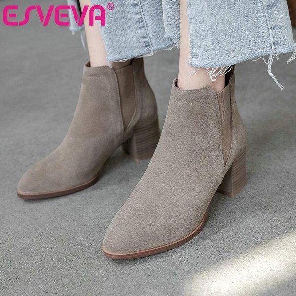 

boots esveva 2021 women shoes winter ankle square high heel western style pointed toe flock motorcycle platform boot size 34-391, Black