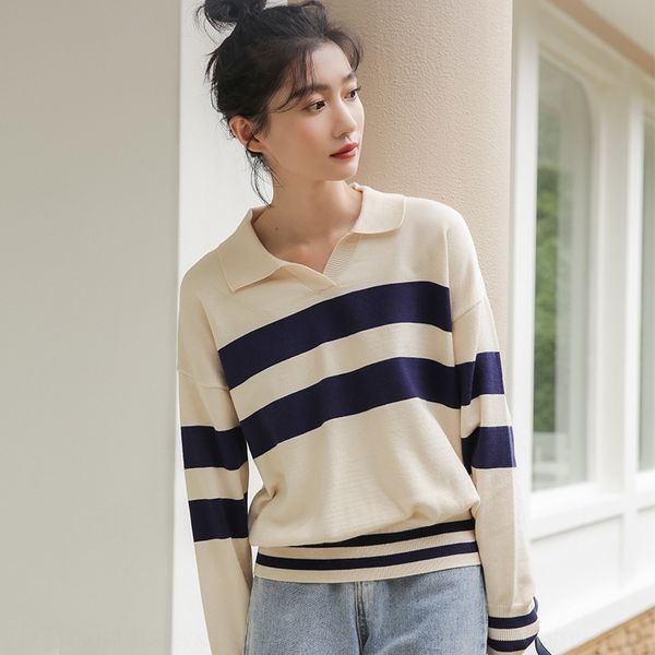 

2020 autumn new student lapel stripe simple t-shirt korean version small clear versatile long sleeve t-shirt sweater loose sweater brjdm brj, White;black