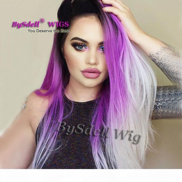 

high similation human hair heat resistant hair black teal pastel purple white color lace front wig long straight front lace full wigs