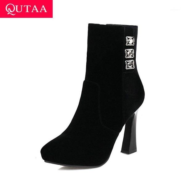 

qutaa 2021 crystal scrub autumn winter ankle boots hoof high heel fashion women shoes pointed toe zipper short boots size 34-431, Black