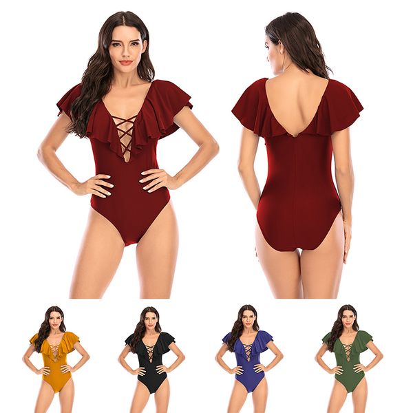 

swimwear ruffled v-neck solid color high waist tight-fitting one-piece swimsuit european and american backless strappy swimsuit
