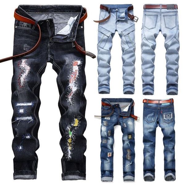 

men skinny jeans denim pant frayed jeans ripped long pant casual bike slim fit men1, Blue