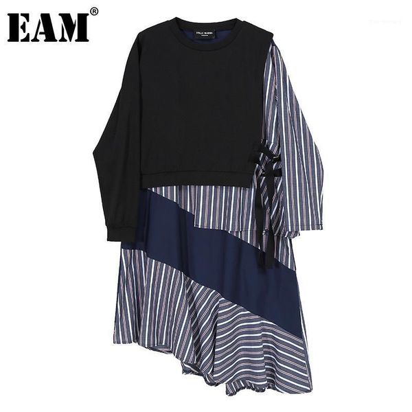 

eam] women black striped irregular big size dress new round neck short sleeve loose fit fashion tide spring summer 2020 1z1831, White;black