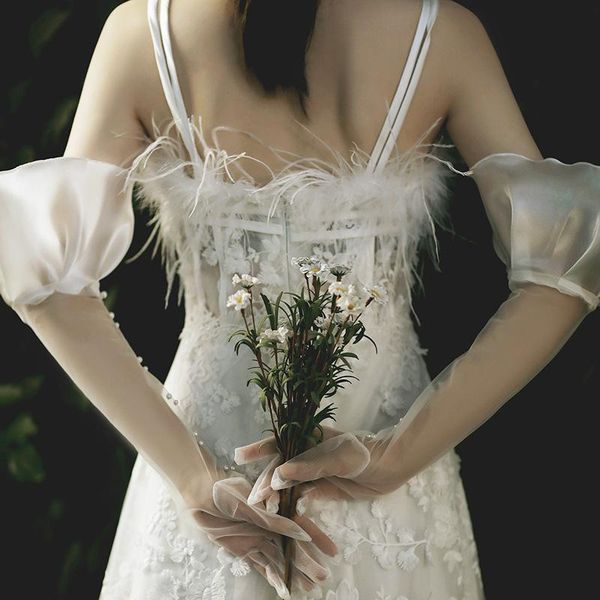 

fashion women female long full finger tulle with pearls gloves lady etiquette driving lotus leaf satin sheers gloves h qylxky, White