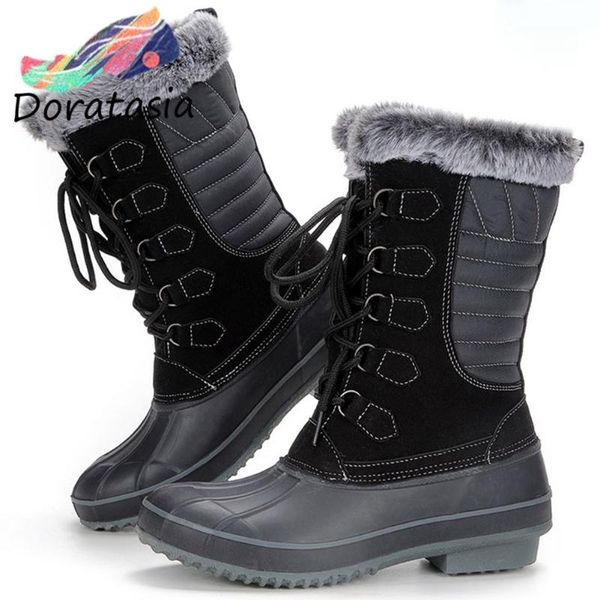 

doratasia women patchwork warm winter shoes lace up boots women stylish round toe waterproof mid calf boots, Black