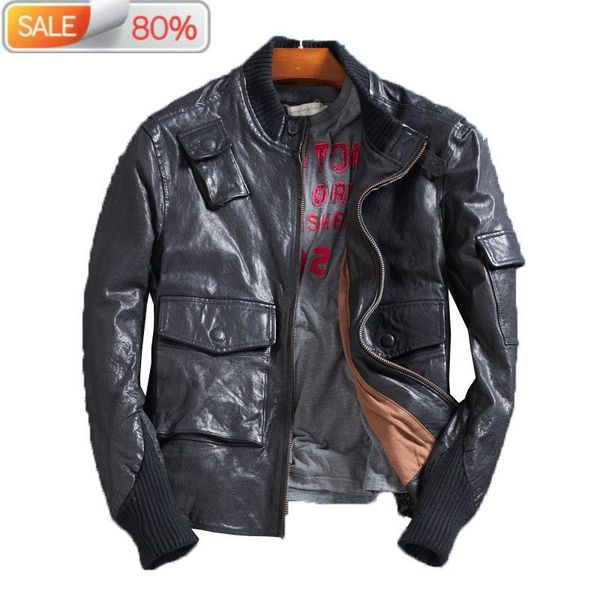 

genuine korean oil wax sheepskin coat for short spring motorcycle men leather jacket lj1719 b21412, Black