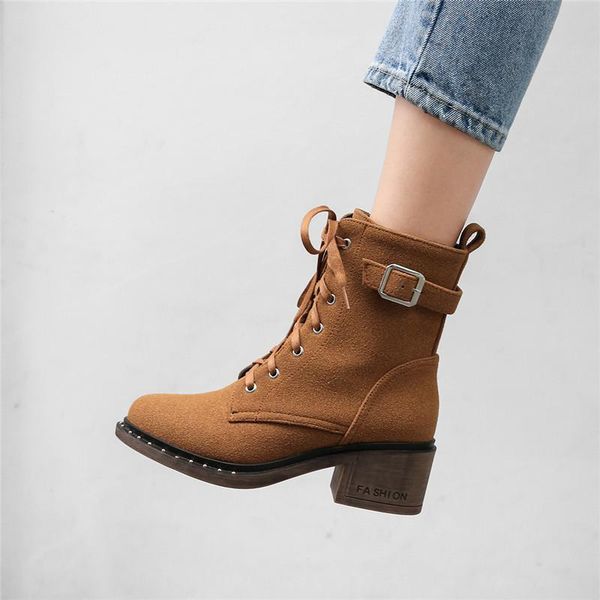 

brown green black lace up block high heel ankle boots women buckle bootie motorcycle combat boots ladies shoes big size