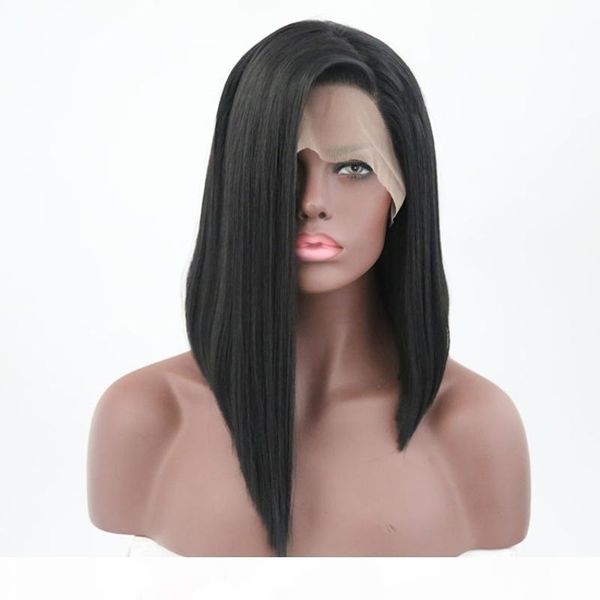 

synthetic bob lace front wig with baby hair straight long bob synthetic wigs for women side part, Black;brown