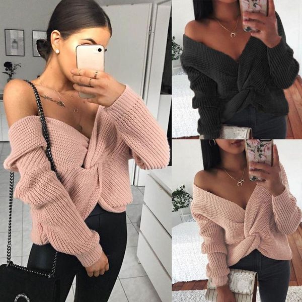 

2021 women sweaters cross off shoulder deep v-neck solid long-sleeved casual knitted sweater knitter korean winter clothes, White;black